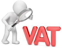 Render of a man with a magnifying glass looking to the text VAT